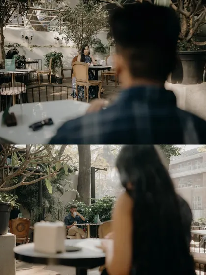 The first glance across a café. These over-the-shoulder shots create a cinematic feeling of two worlds about to connect, capturing the anticipation of a new love story.