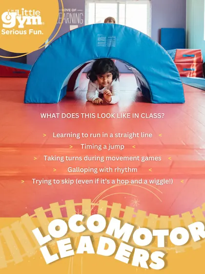 Part of our "Locomotor Leaders" series for Pre-K gymnasts. These images show children using hula hoops, balance beams, and crawling through tunnels to build skills like running, jumping, and skipping with confidence.