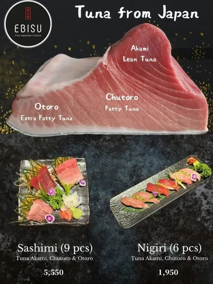 We proudly serve premium tuna flown in from Japan. This guide shows the different cuts we offer: Otoro (extra fatty), Chutoro (fatty), and Akami (lean), each with its own unique texture and flavor.