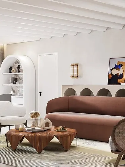 A true love story between Paris and India. This living space combines arched architectural details and a warm color palette with modern furniture, creating a look that is both eclectic and harmonious.