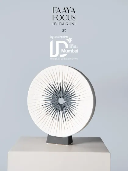 This circular, ray-like sculpture is one of our signature pieces from the Faaya Focus collection, showcased here at India Design Mumbai. It represents our commitment to bringing unique, art-forward design to Indian homes.