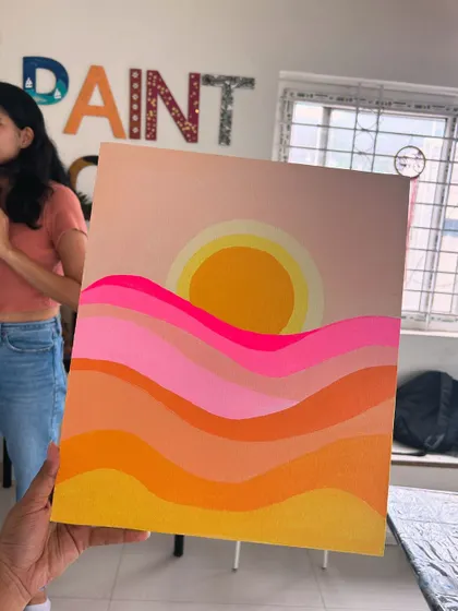 Another beautiful abstract sunset painting on canvas, showcasing the vibrant and warm color palettes we explore in our workshops.