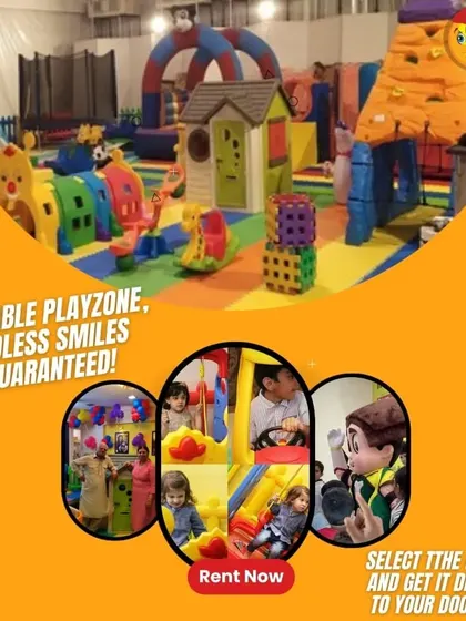 Portable playzone, endless smiles guaranteed. This collage shows a large indoor setup and close-ups of kids and families enjoying the party, including a visit from a mascot.