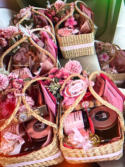An overhead shot of the bridesmaid proposal baskets, all ready to go! I love seeing them all together, each one a bundle of joy waiting to be gifted.