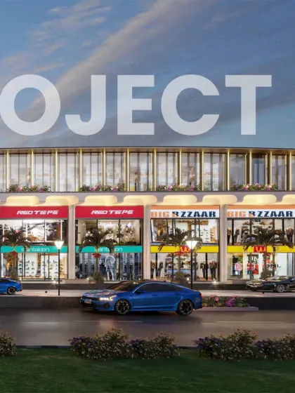 Another view of the mall's facade, highlighting the clean lines and organized branding opportunities for retail tenants.
