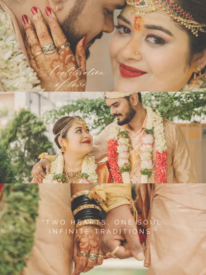 A creative collage capturing key moments of a South Indian wedding, from the couple's portrait to details of their hands and traditional attire. This tells a multi-faceted story of the day.