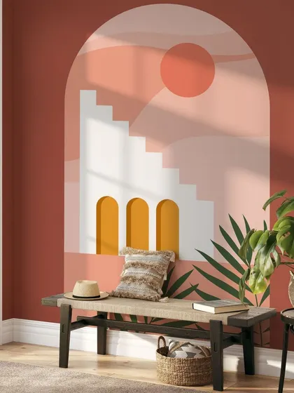 Our Bohemian Surrealism wallpaper adds a touch of artistic and imaginative flair to this entryway. The unique design is a conversation starter and a beautiful piece of art for your walls.