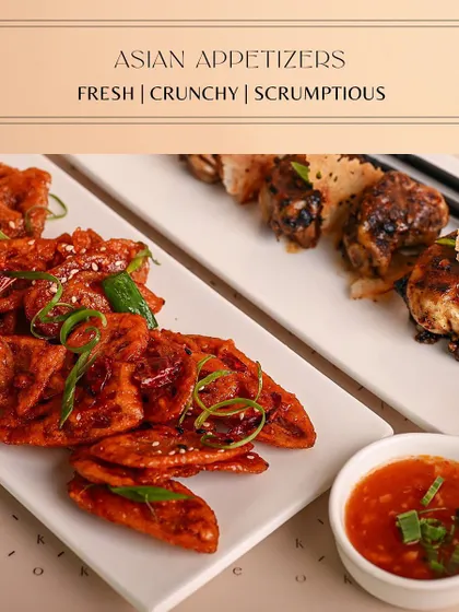 Hosting a party? Let me fill it with Asian flavors. This platter shows my crispy lotus root chips and pan-fried gyozas, just two of the many gourmet appetizers I offer.