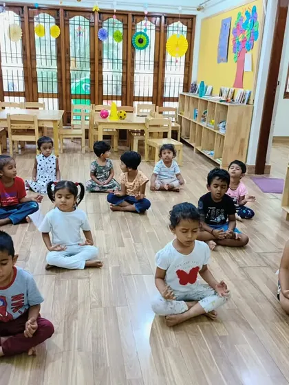 A moment of calm and focus as our campers practice a seated meditation pose. We teach mindfulness techniques to help children manage their energy and emotions.