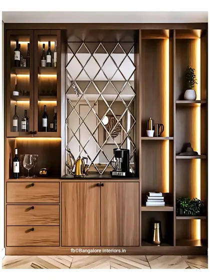 A sophisticated bar and display unit featuring a diamond-patterned mirror backsplash. The design combines open shelves with ambient lighting, a wine cabinet, and closed storage.