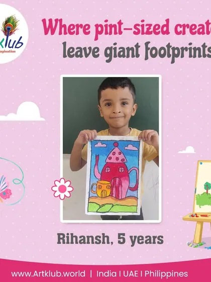 Rihansh, age 5, leaves a giant footprint with his creative drawing of a teapot-shaped house.