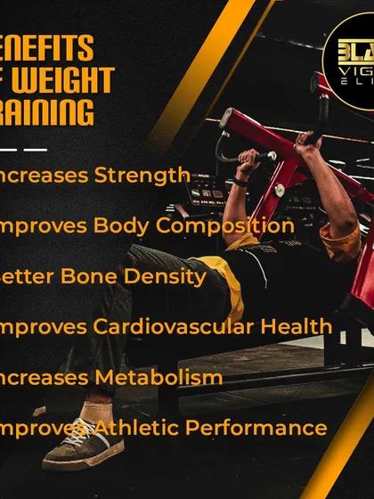 This graphic outlines the key benefits of weight training, such as increased strength, better bone density, and improved metabolism. The member shown is using a chest press machine to build upper body power.