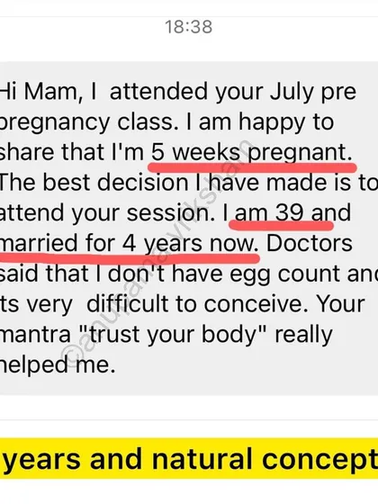 At 39 years old and married for 4 years, doctors told her it was very difficult to conceive. Attending my session was the best decision she made, and she is now 5 weeks pregnant.