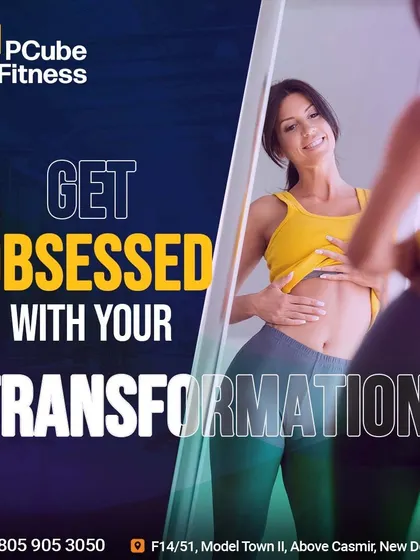 A graphic inspiring you to "Get Obsessed With Your Transformation," featuring a woman admiring her hard-earned abs.