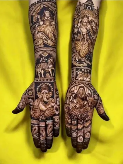 A powerful design with multiple divine figures, including Ganesha and goddesses, perfect for a bride seeking blessings and protection.