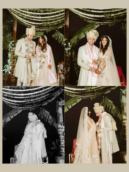 A collage of moments from the wedding ceremony, showcasing the couple's connection in both color and black and white.