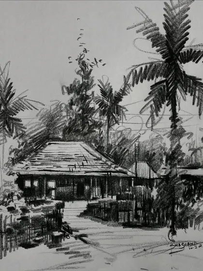 A quick pencil sketch of a house surrounded by palm trees, an exercise in rapid composition.