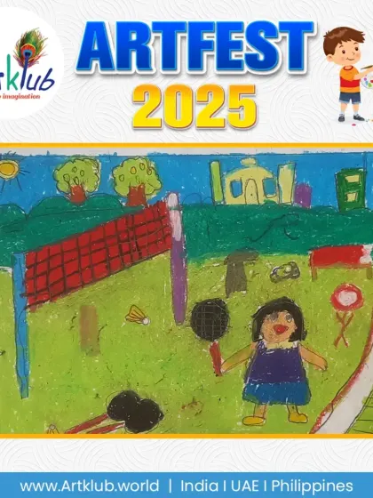A playful and busy scene of a badminton game in a park, created by a junior artist. The drawing is filled with details, including other people and cars in the background.