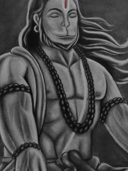 A close-up of a powerful Lord Hanuman drawing, showing his muscular form and serene, closed-eyed expression.