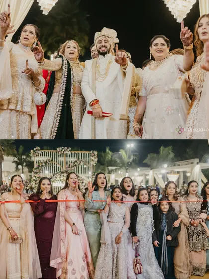 A collage capturing the fun and traditional 'joota chupai' and ribbon-cutting ceremonies.