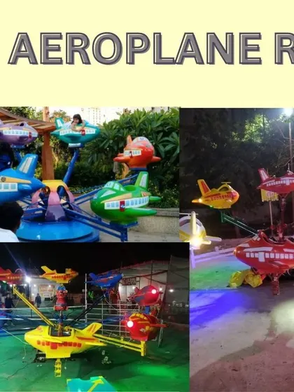This collage shows our Aeroplane Ride installed in various settings, operating both day and night. Each plane-shaped car gives children the thrill of flying, making it a hit at funfairs and parks. We can customize the colors and lighting to match your specific theme.