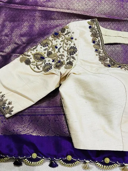 This collection showcases a variety of my custom blouse designs, from pastel engagement pieces to rich Kanjivaram pairings. Each one is uniquely crafted with different handwork techniques, fabrics, and cuts to match my client's vision.