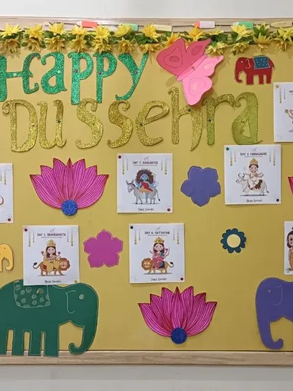 Our Dussehra bulletin board, decorated with elephants, lotuses, and pictures depicting the nine forms of Goddess Durga, helping children visually learn the stories of Navaratri.