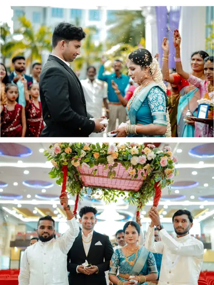 A collage showing the ring exchange and the bride's grand entrance, carried in a beautifully decorated palanquin.