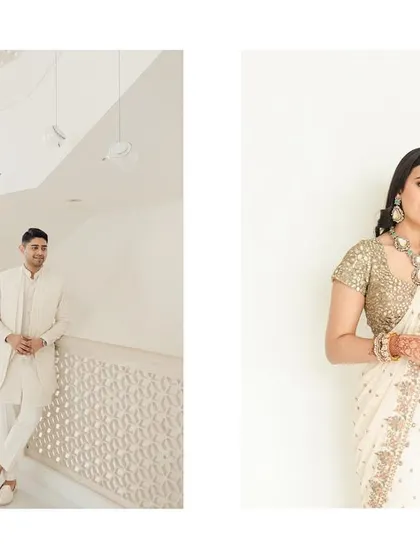 A diptych showing the bride and groom in separate, elegant portraits against a clean, white background. The bride's pose is confident and graceful, highlighting her stunning engagement saree.