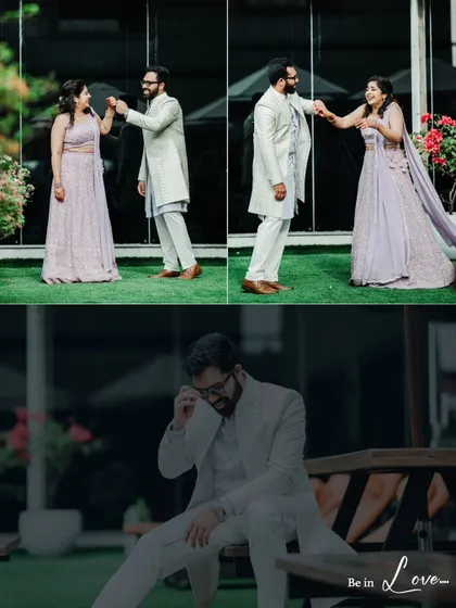 A collage showing the couple dancing and the groom's emotional, happy reaction during their engagement celebration.