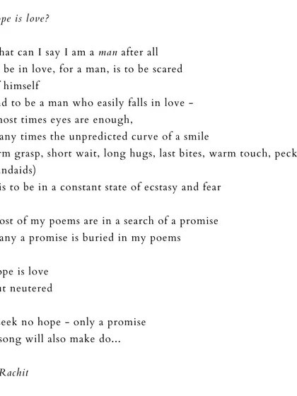 'hope is love?'. A reflection on love, fear, and masculinity, seeking a promise over hope.