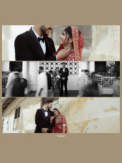 This collage captures the story of the day, from the grand entrance to the quiet moments shared between the couple against historic backdrops.