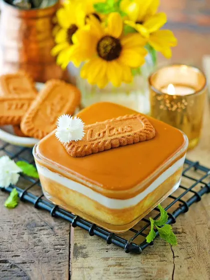 A modern classic, our Biscoff Tres Leches cake. A light sponge soaked in three kinds of milk and topped with a creamy Lotus Biscoff spread.