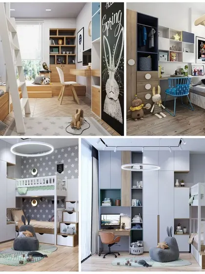 A collage of our creative kids' room designs, showcasing various themes, bunk bed solutions, and integrated study areas to inspire your child's dream room.