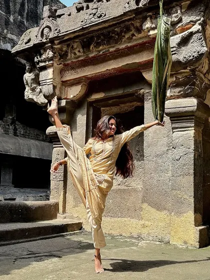 Feeling the energy of the Kailashanatha temple at Ellora. My dance and yoga practice feels amplified in places like this, where every stone tells a story of devotion and artistry.