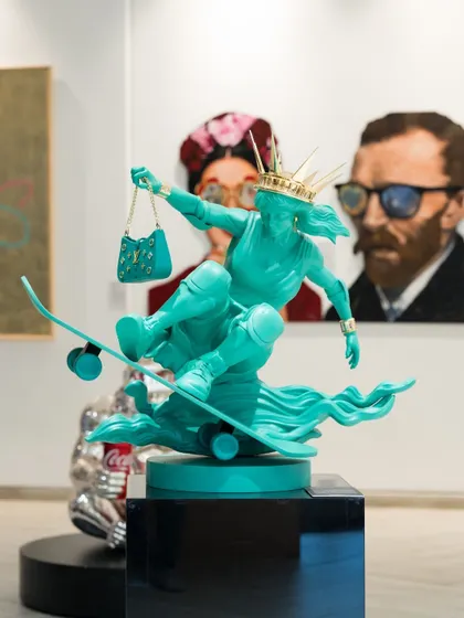 This piece, 'Liberty in Motion' by Shubh Pratish Panchal, embodies our philosophy of fusing heritage with contemporary culture. The sculpture reimagines a classic symbol with modern luxury and street style, creating a powerful statement on progress and individuality.