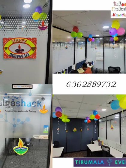A collage showing Diwali decorations at an office, including door stickers and colorful balloon bunches.