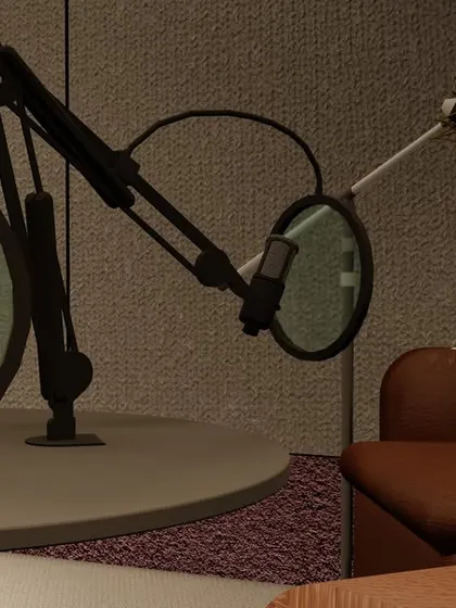 A close-up of the professional microphone setup, including pop filters and boom arms. I can source and install all the necessary equipment for a high-quality podcast studio.