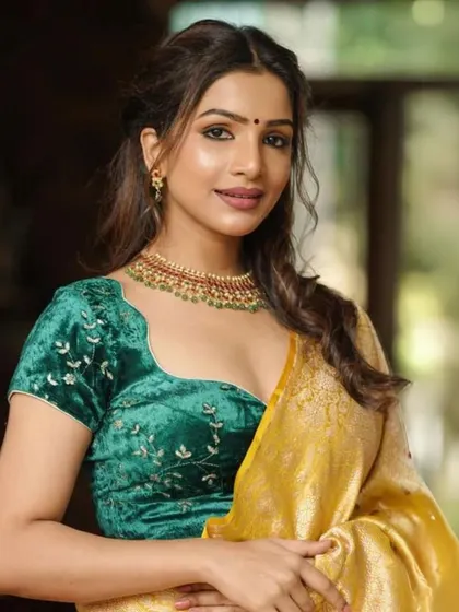 A repeat of the green velvet blouse and simple gold choker look, a timeless and elegant combination.