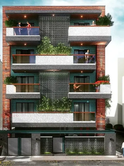 A frontal view of the HSR Layout apartment concept, detailing a central green spine with vertical gardens integrated into the facade.
