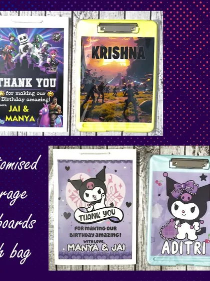 These customized storage clipboards are perfect for any theme, including superheroes and anime characters like Kuromi. Each one can be personalized with a name.