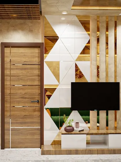 A 3D concept for a TV unit wall, showcasing a geometric design with mixed materials like wood, mirror, and marble. Renders like this are a key part of our design process, ensuring the client's vision is perfectly aligned with ours.