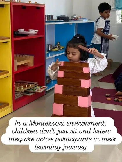 The Pink Tower is more than just a set of blocks; it's a foundational sensorial material. As this child builds, she is developing visual discrimination of size, refining her motor control, and experiencing a deep sense of order and concentration.