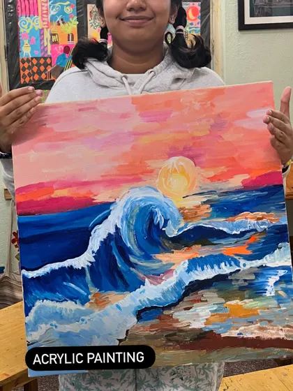 This dynamic wave painting shows a great use of expressive brushstrokes and bold color. I encourage students to experiment with different application techniques to find their style.