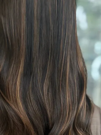 A close-up on the fine, subtle highlights, showing the intricate detail of the balayage technique.