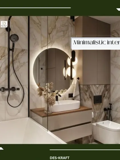 A minimalist bathroom design featuring a marble-clad bathtub, a floating wood and marble vanity, and warm, indirect lighting for a spa-like feel.