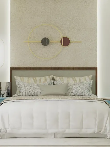 Another take on a blue-themed bedroom, this time with light blue floating nightstands and abstract wall art. The design is minimalist, with a focus on clean lines and a serene color scheme.