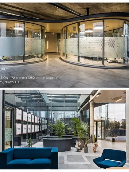 Interior views of the Sleepwell corporate office. The design includes a biophilic lounge area and unique curved glass meeting pods, demonstrating our approach to creating varied and engaging workspaces within a large floor plate.