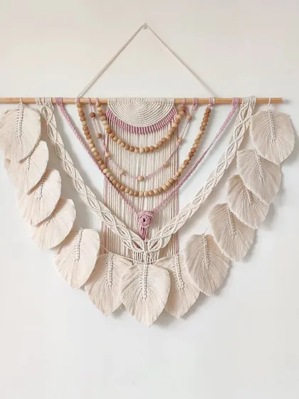 The full view of this stunning mauve and cream macrame wall hanging, a piece I truly love recreating.