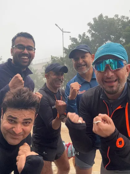 A close-up selfie showing the camaraderie and fun of our group runs, even in the dead of winter.